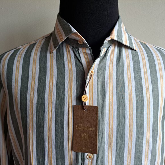 NEW Stenstroms Striped Green Orange Button Down Linen Cotton Dress Shirt Size L - Picture 4 of 16